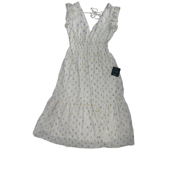 ✨ NWT Lulus White Gold Polka Dot Ruffle Tiered Midi Dress S ✨ - Picture 4 of 8